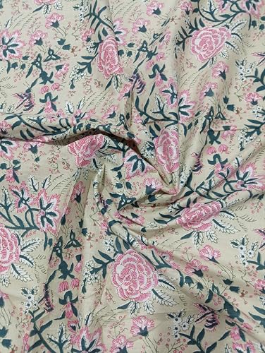 Image of Doraya Pure Cotton Dress Making Fabric Sanganeri Print Jaipuri Hand Block Printed Unstitched Dress Material for Women Blouse /Plazzo,Kurti /Lehenga Piece Womens 43 inch Inches Width (Peach 2, 3 Meter)