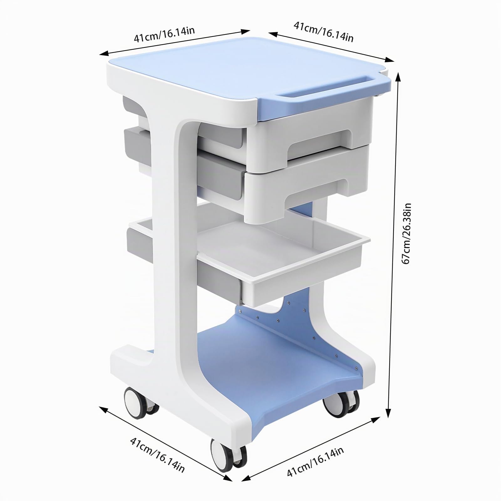 Chariot médical portable DCSYOG - 3 étages ouverts, 2 tiroirs spacieux - Roues universelles avec freins - Charge maximale : 50 kg - Bleu et Blanc - Plastique - Pour intérieur