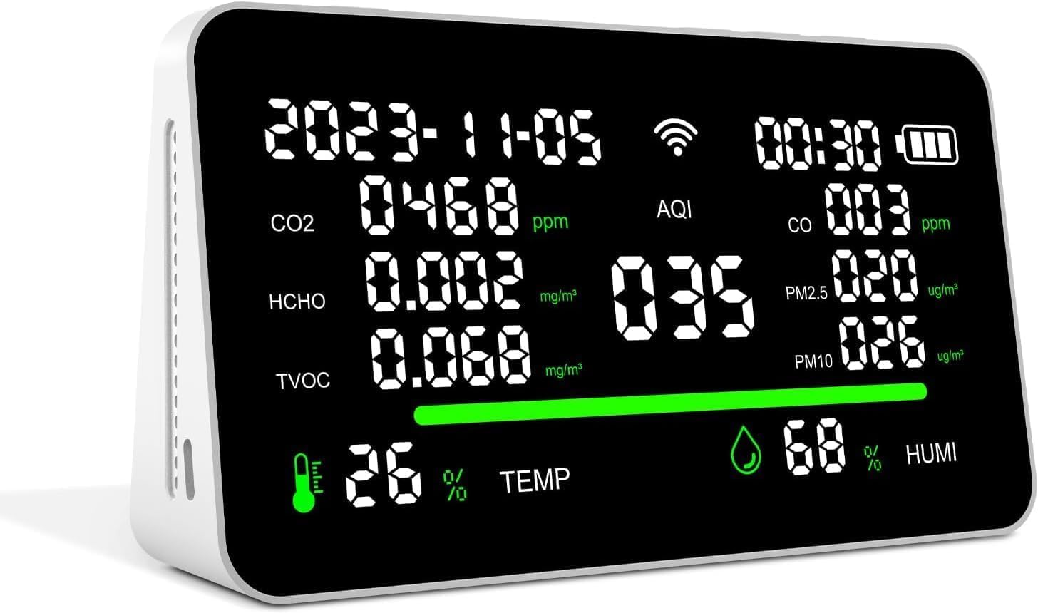 11-in-1 Air Quality Monitor, Indoor CO2/VOC/AQI/PM2.5/Thermometer/Humidity Monitor, Portable Smart Air Quality Meter, Air Quality Tester for Home Office Outdoor, Battery Powered (White)-image-32