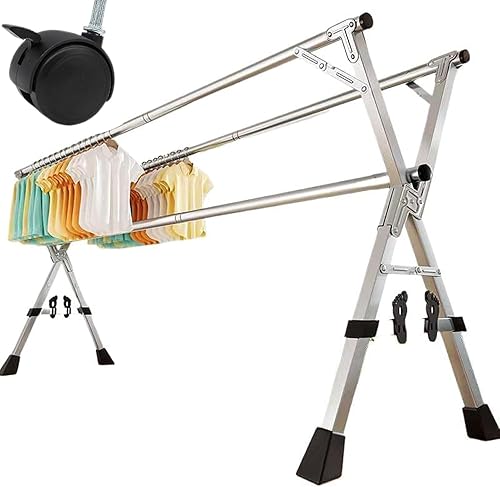 Estante de secado de ropa de acero inoxidable, estante portátil de lavandería de 94 pulgadas con ruedas, estante interior ajustable que ahorra