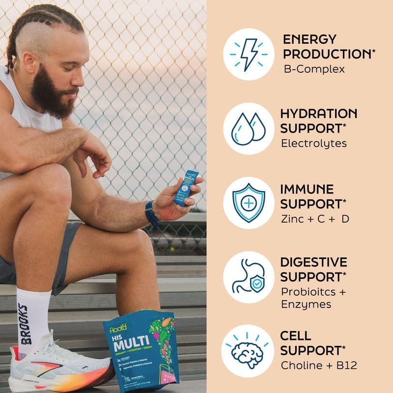 Miniatura 4 de Root'd Multivitamínico en polvo para hombres  24 vitaminas y minerales con 3 electrolitos, 9 superalimentos orgánicos, probióticos y enzimas,