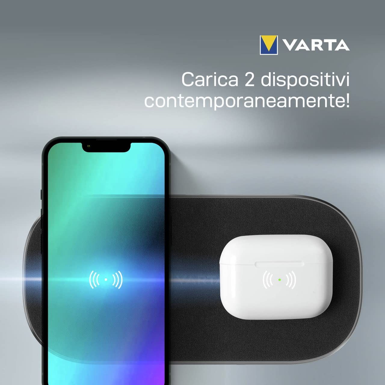 VARTA Caricatore wireless Multi 20 W, fino a 20 W, Qi kompatibel, Nero | ricarica wireless di 2 dispositivi insieme, anche con custodia, incl. USB C Cavo, ricarica pass-through