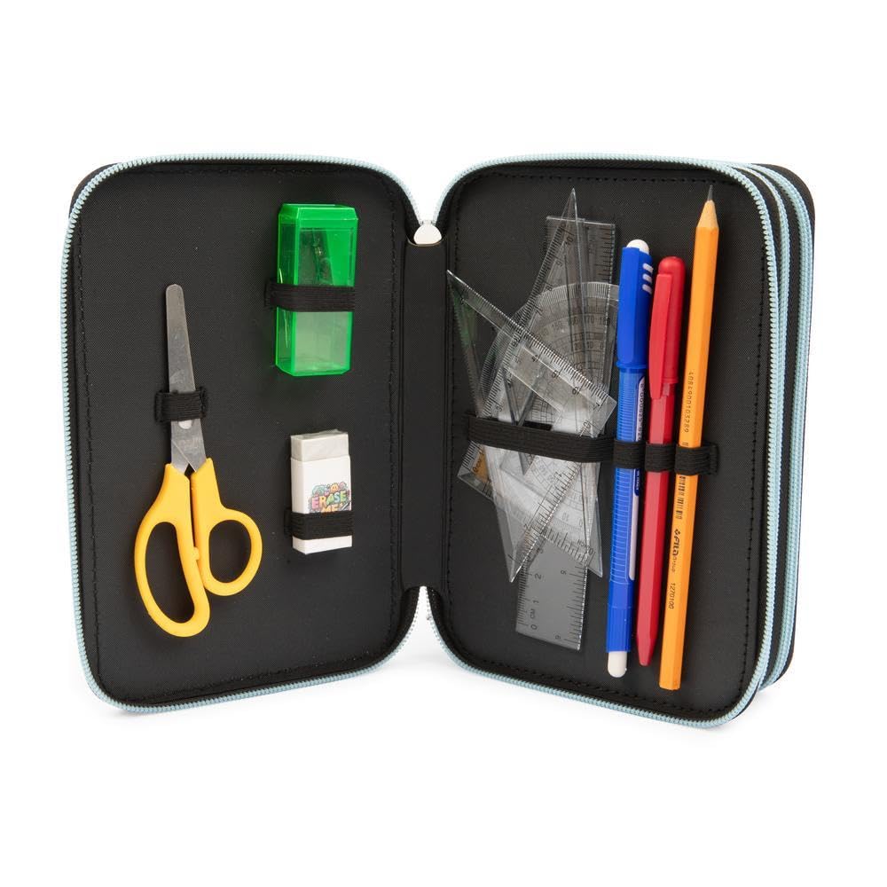 Go Pop - Astuccio Triplo Scuola Panderful Con 3 Zip E 3 Scomparti, Contiene 18 Matite Colorate, 18 Pennarelli e altri Pratici Oggetti per la Scuola,13 l x 19,5 h x 6,5 p