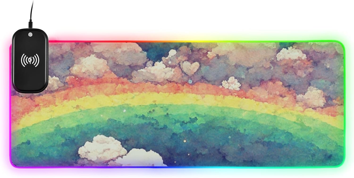 Gaming Mouse Pad with Wireless Charging, Extended Personalized RGB LED Mouse Mat with 14 Light Effects for Desk-Painting Rainbow Print