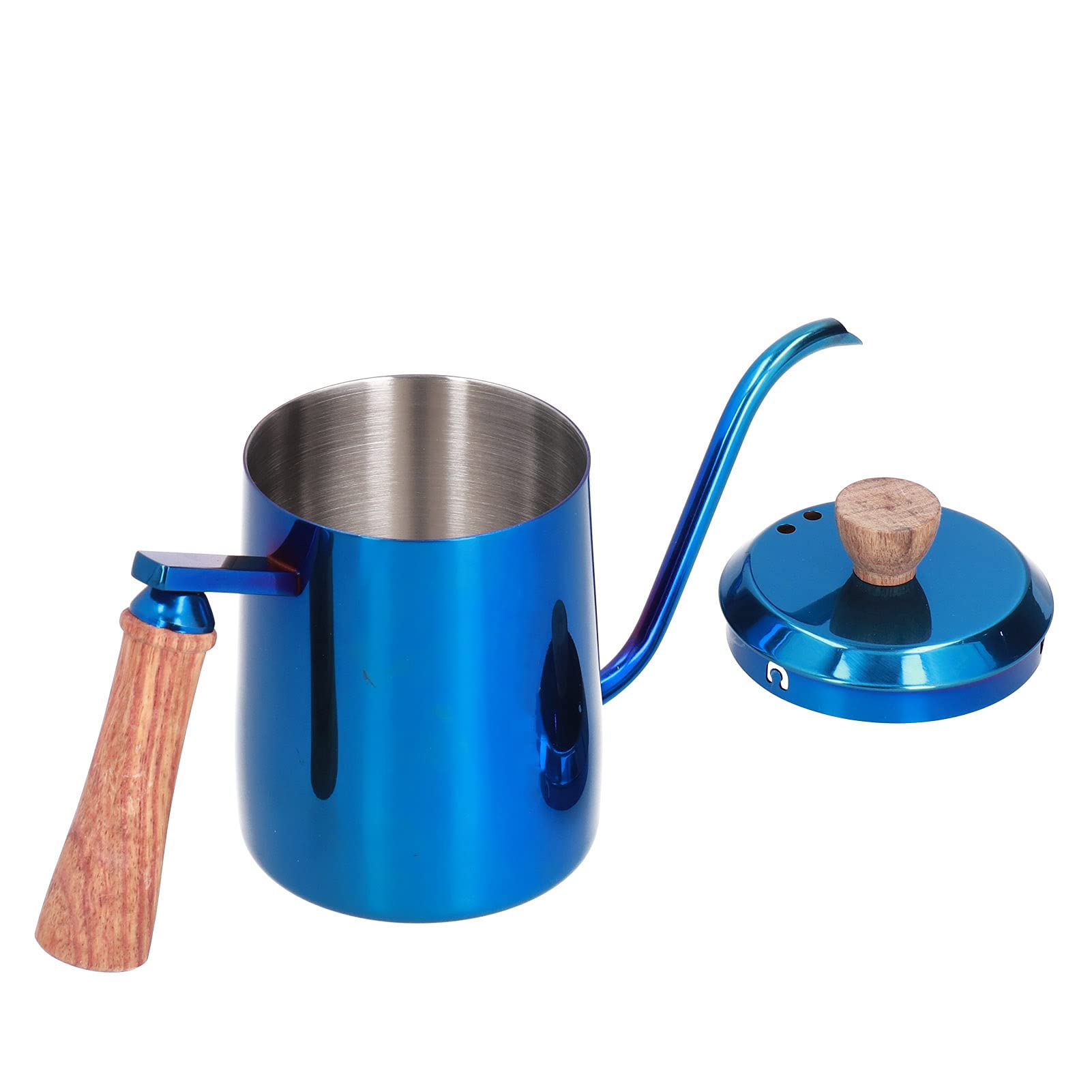Caffettiera Manuale in Acciaio Inossidabile da 600 ml, Bollitore a Collo di Cigno con Manico in Legno, Bollitore con Beccuccio Lungo e Stretto per una Preparazione Precisa, (Blu)