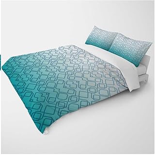YANFENQI Twin Thick Duvet Cover White Cyan Teal Gradient Geometric Checked Cabin Bedding for Kids Teens Adults (Twin,68