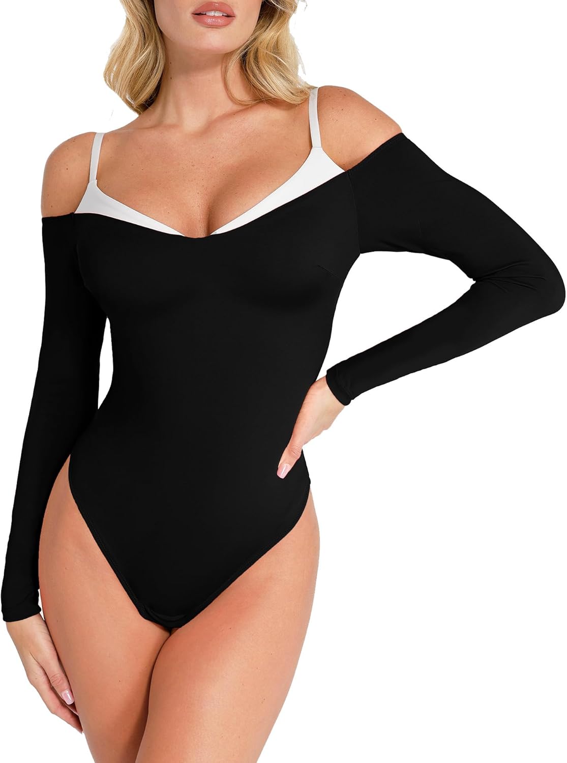 Popilush Long Sleeve Bodysuit Off The Shoulder Tops For Women Tummy Control Body Suit Built In Bra