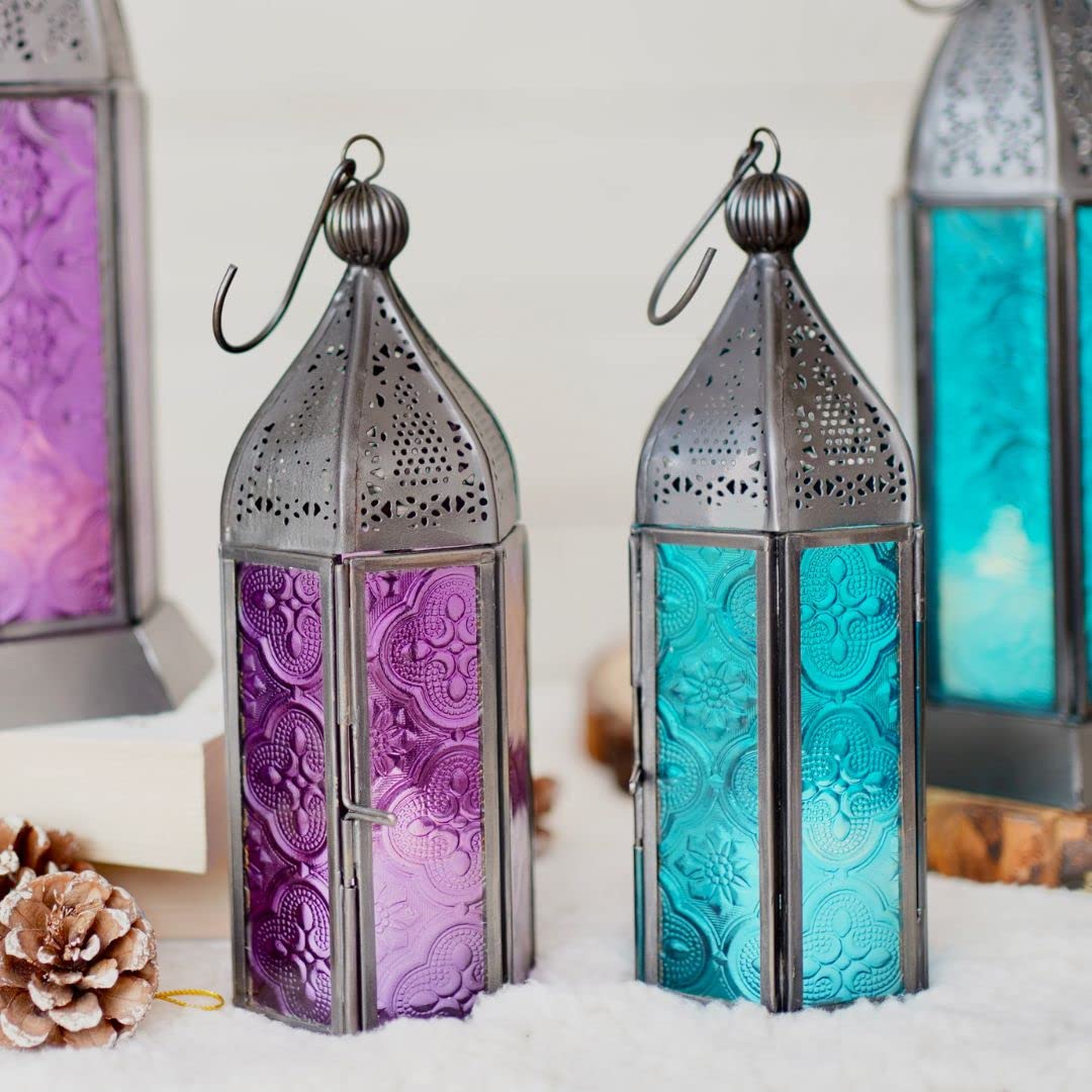 Behoma Moroccan Lanterns for Home Decoration Purple and Blue Textured Glass | Showpiece for Home Decor Living Room Study Room Table Hanging Lantern Lamp | Set of 2 Nickle Black Small