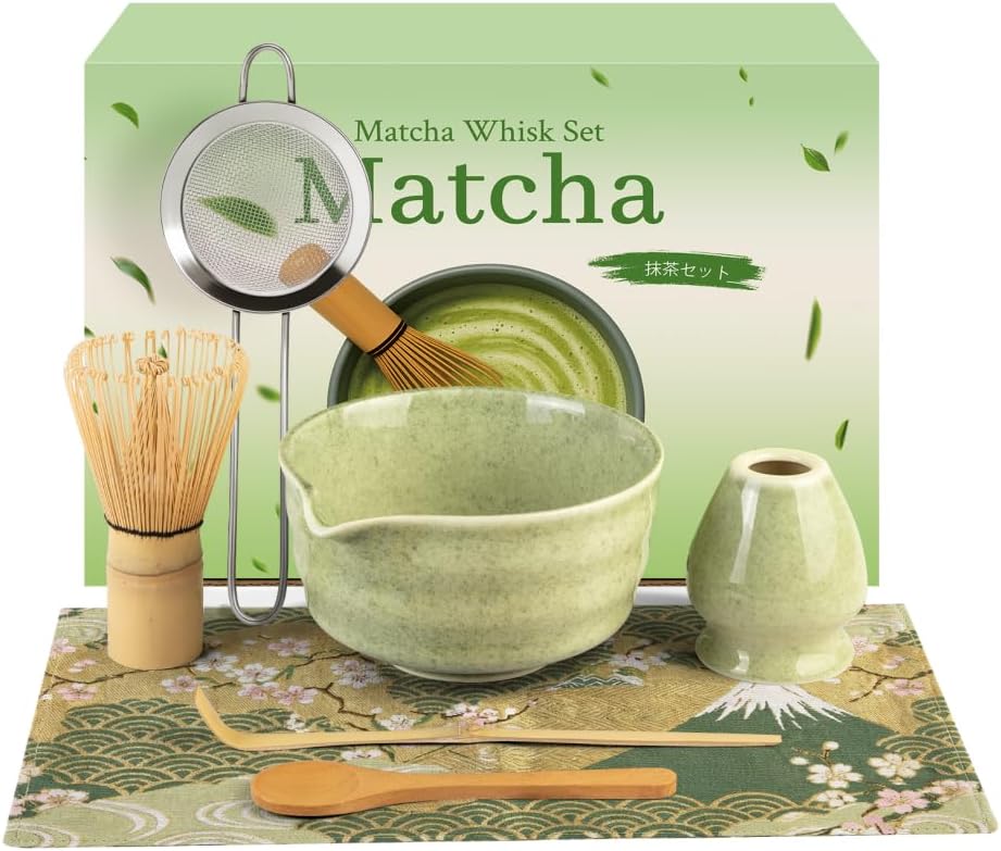 Juego de matcha, batidor y cuenco con boquilla y cuchara medidora, herramientas para hacer té matcha de ceremonia japonesa (verde puro)