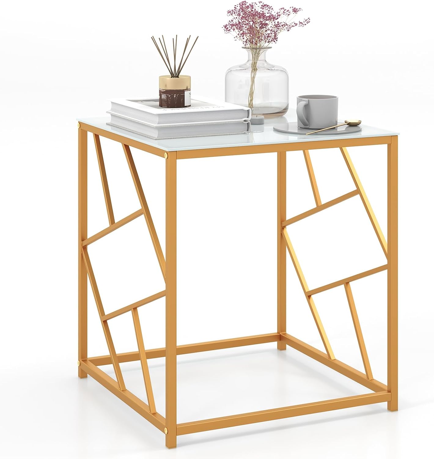 GOFLAME Side Table with Tempered Glass Top, 19.5” Small Coffee Table with Golden Metal Frame, Square End Table, Compact Bedside Sofa Side Accent Table for Living Room, Bedroom, Small Space