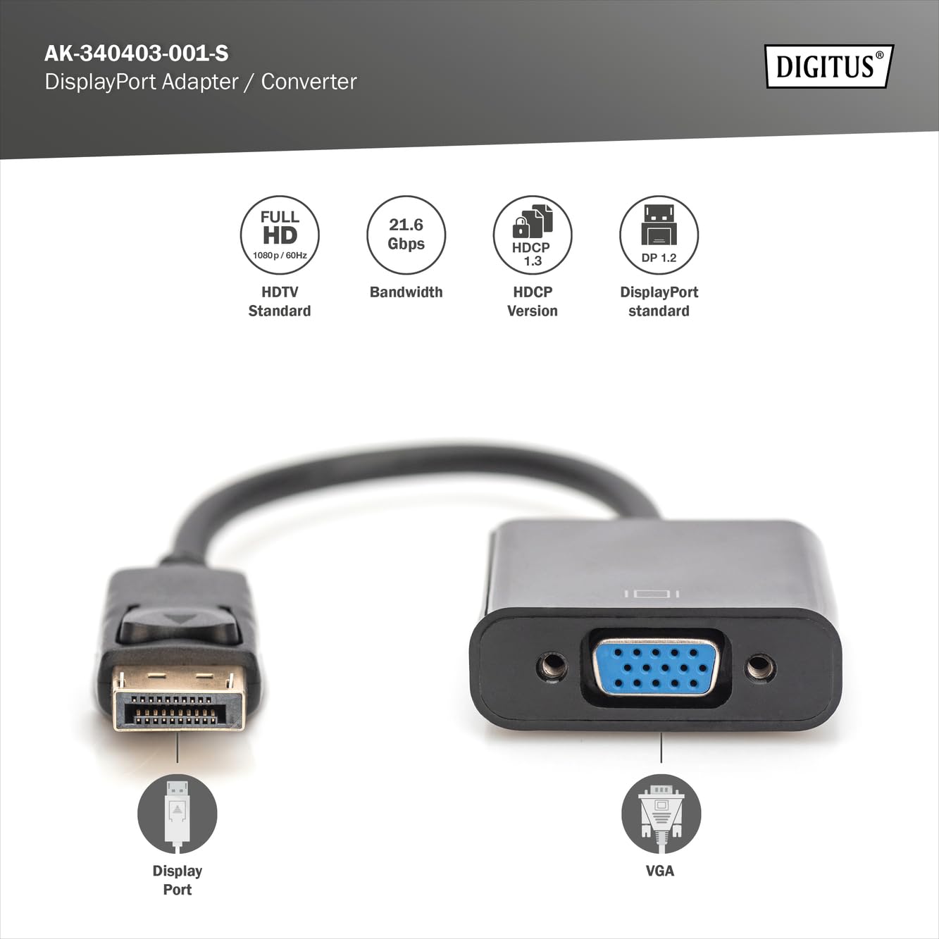 DIGITUS DisplayPort Grafik Adapter, DP zu VGA, QXGA 60Hz, 2048 x