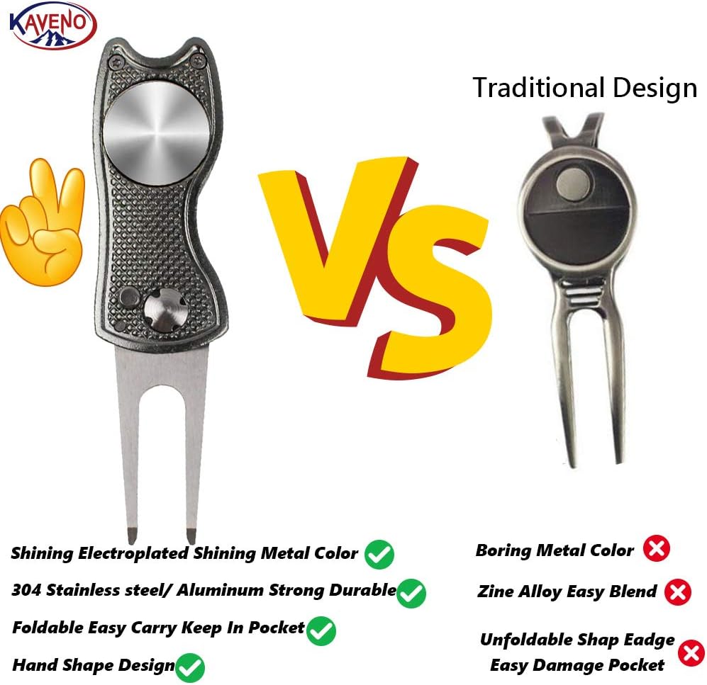 review kaveno Golf Divot Repair Tool, Foldable Pop-up Button Stainless Steel Switchblade & Detachable Golf Ball Marker