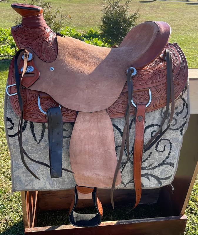 Sella per cavallo in pelle con puntine abbinate, sella per cavallo da corsa in stile western (marrone chiaro, 40,6 cm)