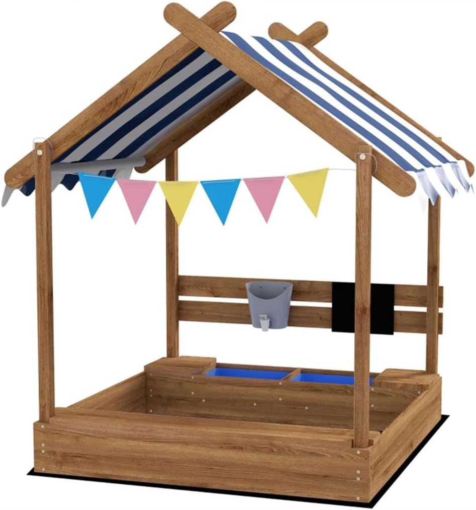 Kids Wooden Sandbox, Large Sandpit with 2 Bench Seats and Canopy Large Outdoor Cedar Sandpit for Aged 3-8 Years Old Outdoor Sandboxes for Backyard, Home, Lawn, Garden, Beach