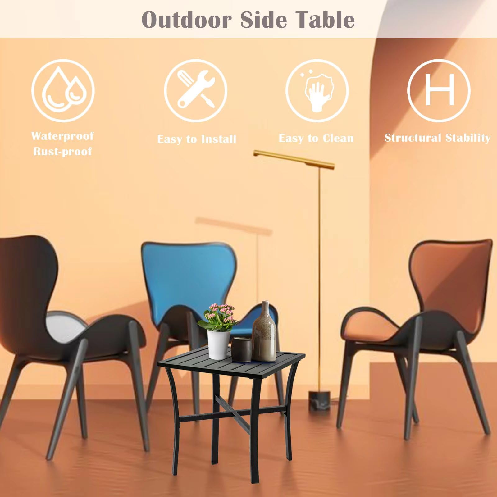 Mesa auxiliar de acero para exteriores, para patio, piscina, compañero de interior, fácil mantenimiento y resistente a la intemperie, color negro 4