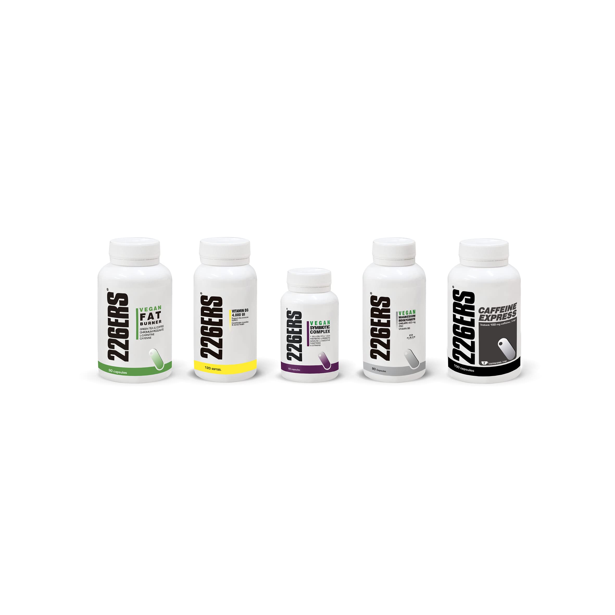 226ERS Pack Control de Peso 5 Suplementos | Optimiza Masa Corporal con Cápsulas de Cafeína + Termogénico Quemagrasas + Vitamina D3 + Complejo Simbiótico + Magnesio Quelado