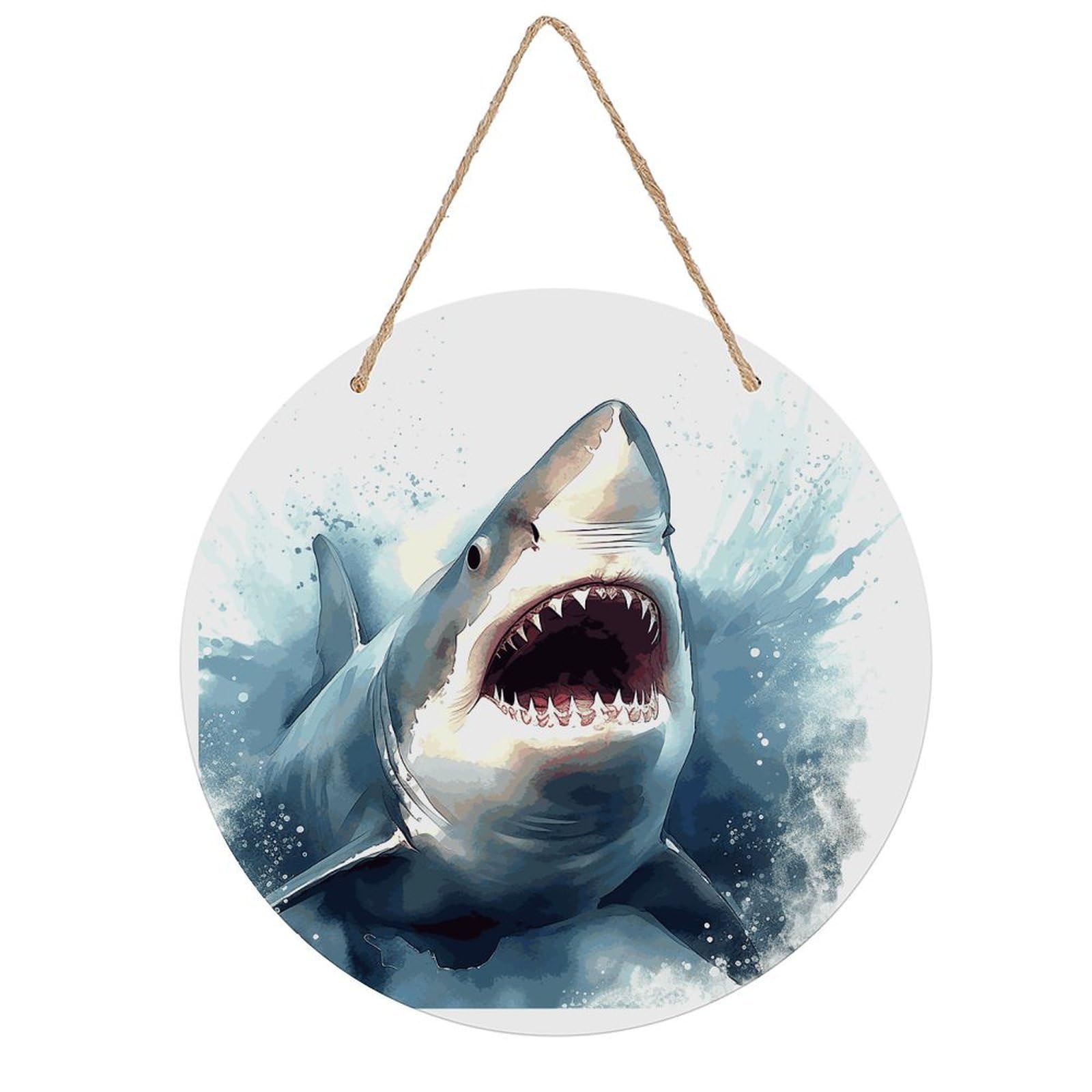 Adfgyerh Style Shark In The Sea Room Decor，Round Wooden Board Painting，Wall Art，Easy To Hang，Wall Decor ，Suitable For Homes, Offices, Holidays, Bars, Cafes, And Other Venues.