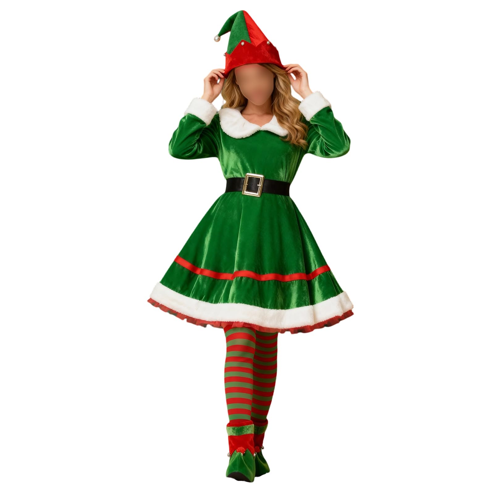 Feclmiyt Women Christmas Elf Costumes Deluxe Santa Helper Costume Set Christmas Tree Theme Adult Elf Outfit For Holiday Party Dress Up (O-01, L)