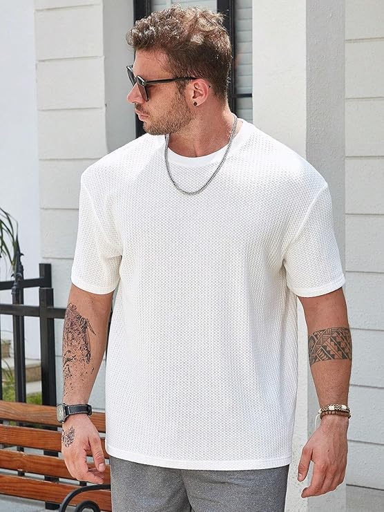 Image of Men Solid Waffle Round Neck Oversized /Dropshoulder |Baggy| Summer T Shirt for Ment Shirt