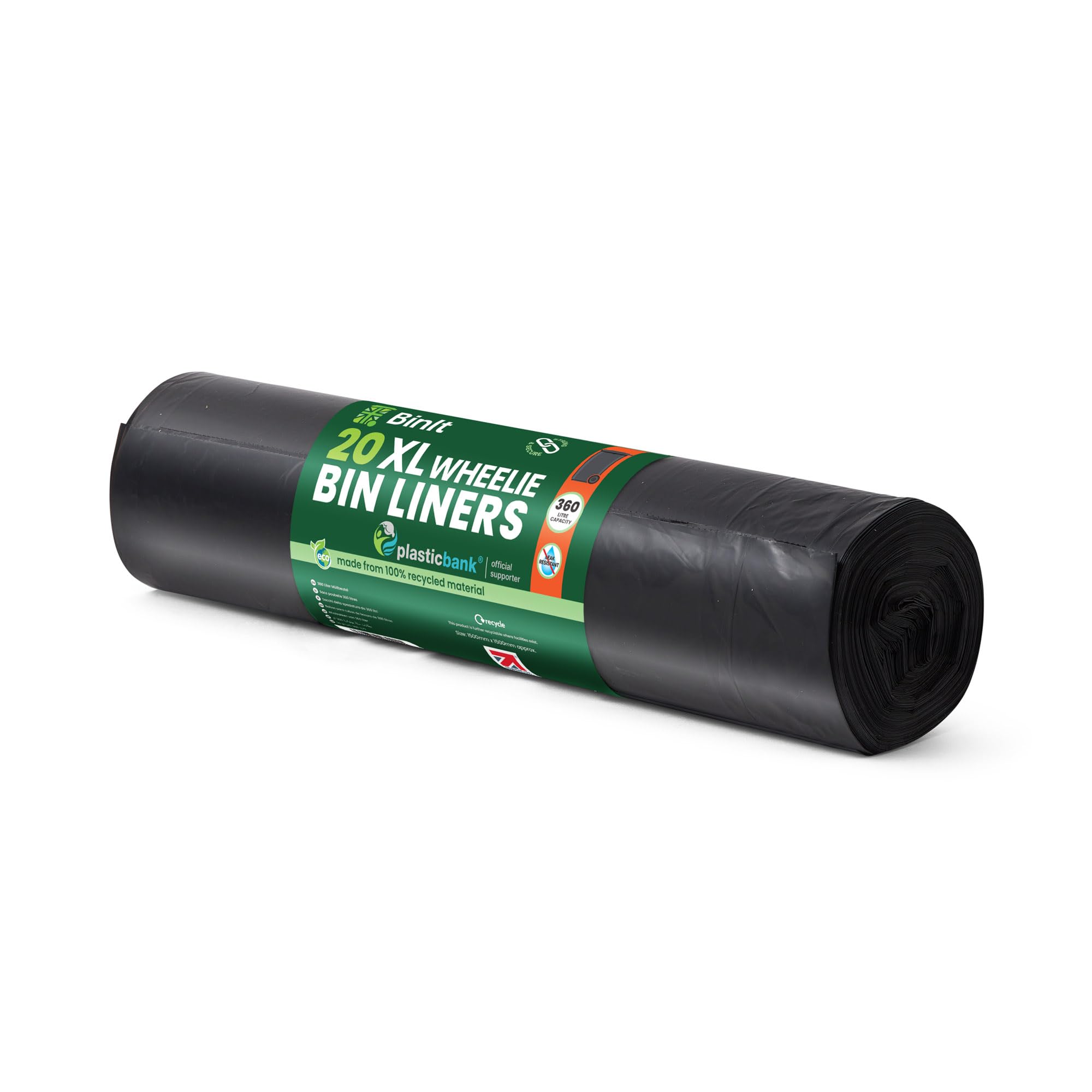 BIN IT 20 Wheelie Bin Liners 360 Litre, Eco-Friendly, Bin Bags, Refuse Sacks, Recycled, Strong & Secure, Tear Resistant, 30 μm, Perfect for XL 360L Wheelie Bins