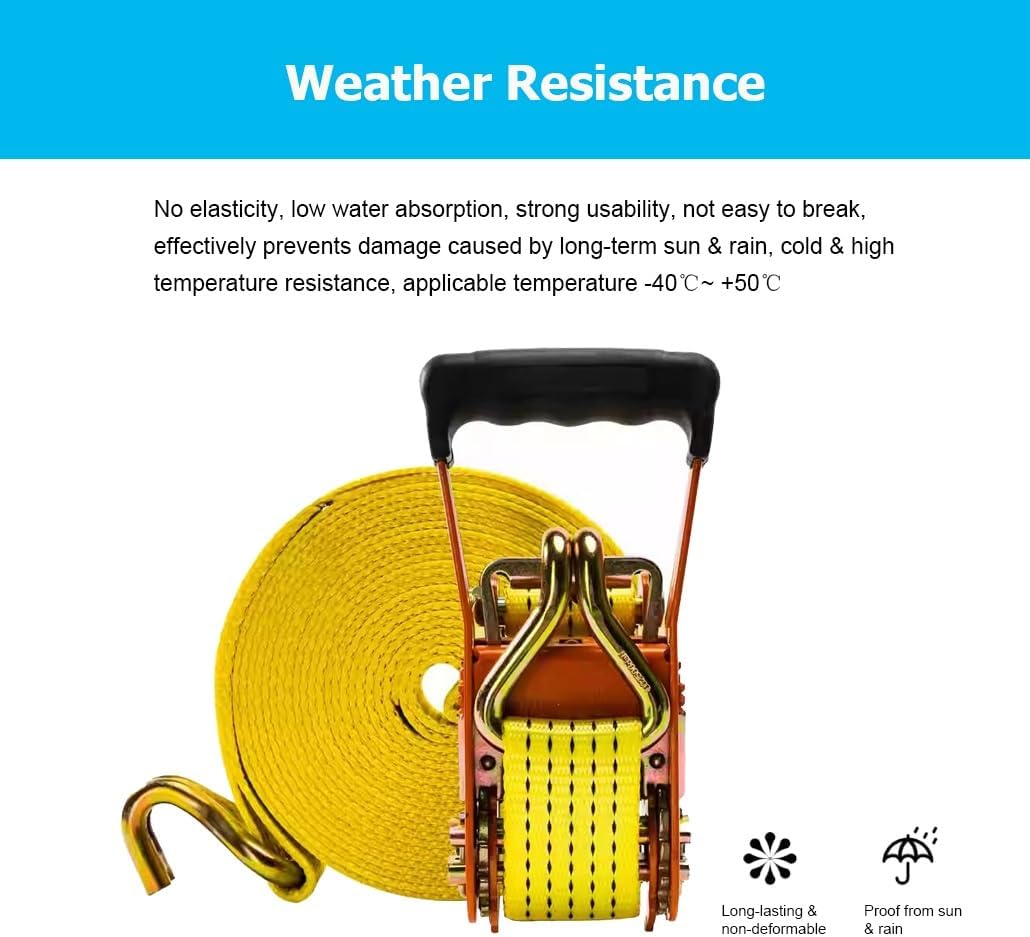 1 Set 2 Inch Cargo Ratchet Straps，3.3-82' Long Heavy Duty Tie Down Straps Ratchet with Double J Hook for Moving Truck Trailers Kayaks Car Roof(Yellow,L 6.6')