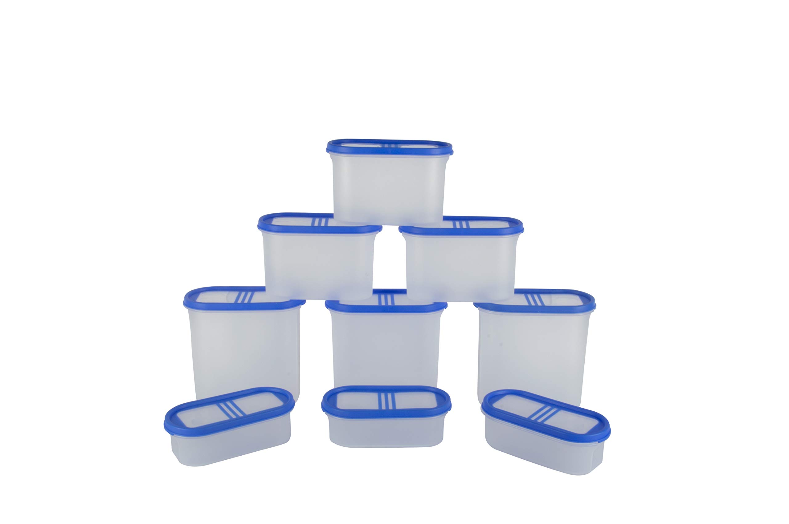 Cutting EDGE 360 View Clear-Top 3 Line Modular Containers Oval Set for Rice, Dal,Atta, Flour, Cereals, Pulses, Snacks, Stackable Set of 9 (3 Each Size) - Blue Lids
