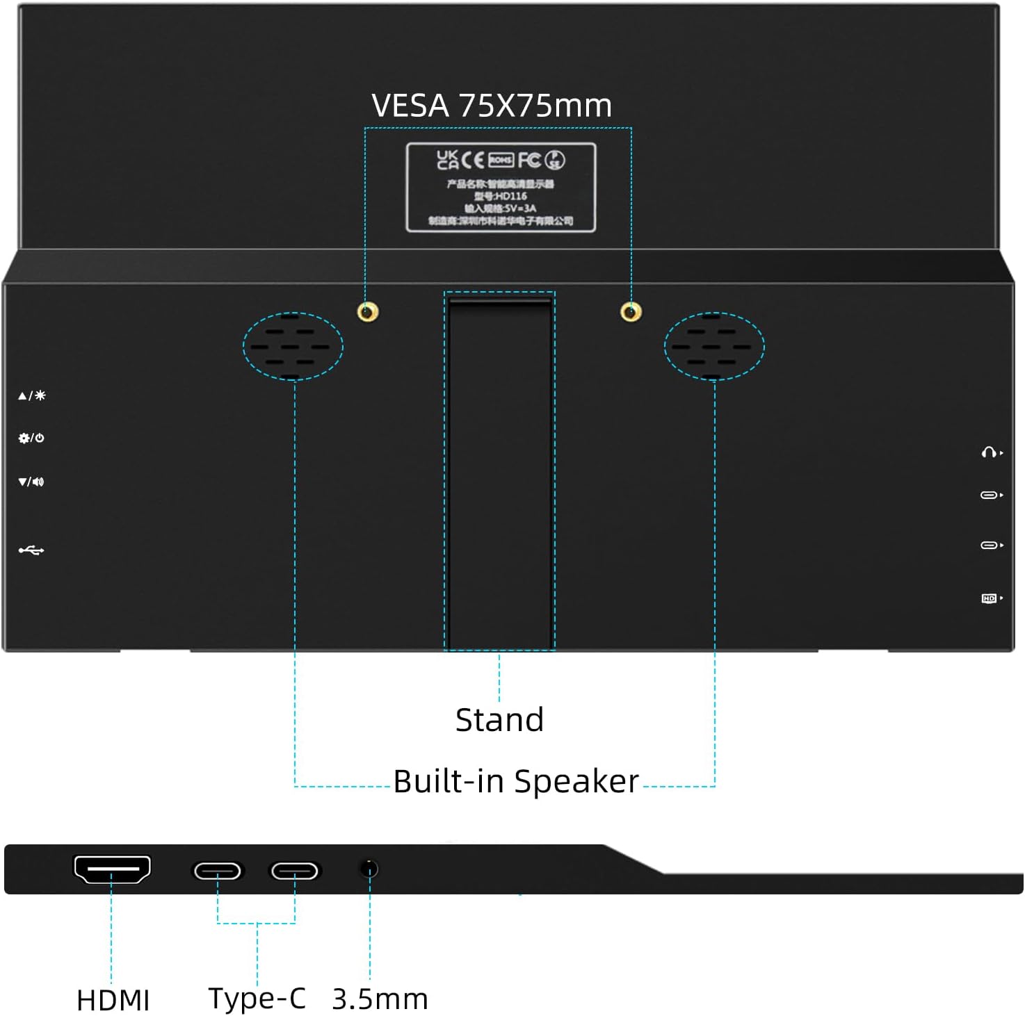 Thinlerain 11.6" Portable Monitor - 1366 x 768 TN LED Display, Dual HDMI, Built-in Speakers - Image 7