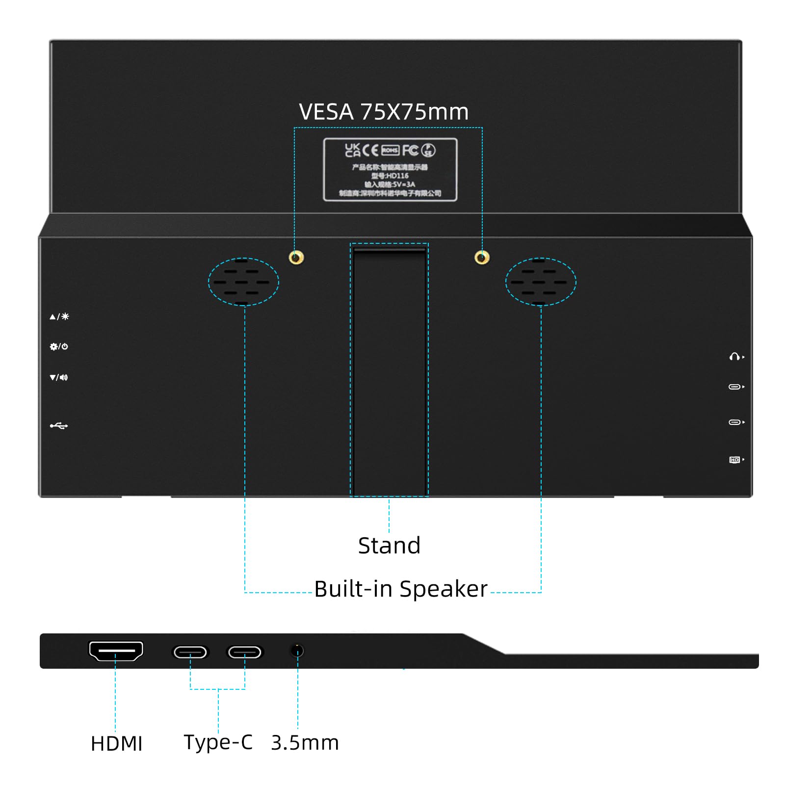 11,6 Zoll Portable Monitor HDMI Monitor Tragbarer 1366 x 768 TN LED Display Externer Monitor für Raspberry Pi, Laptop und Computer, Integrierte Lautsprecher