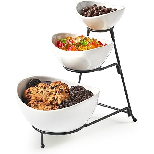LYEOBOH 3 Tier Serving Bowls Set with Collapsible Thicker Metal Stand, Oval Serving Dishes for Entertaining Tiered Serving Stand for Fruit, Dessert, Candy, Chip and Dip (Black)