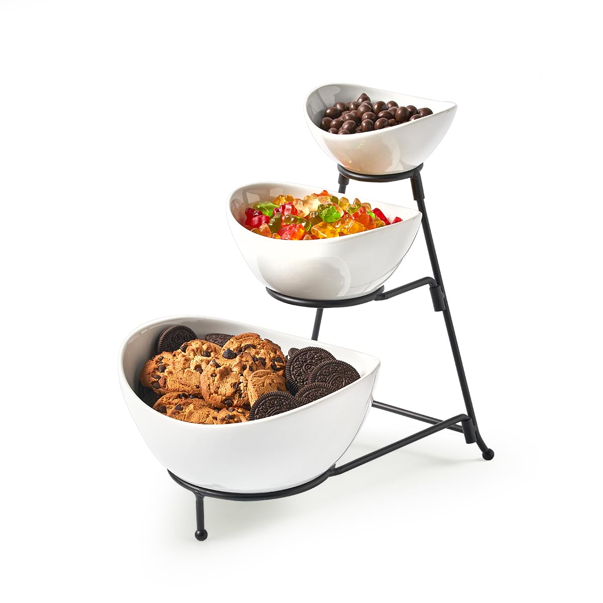 LYEOBOH 3 Tier Serving Bowls Set with Collapsible Thicker Metal Stand, Oval Serving Dishes for Entertaining, Fruit, Dessert, Candy, Chip and Dip