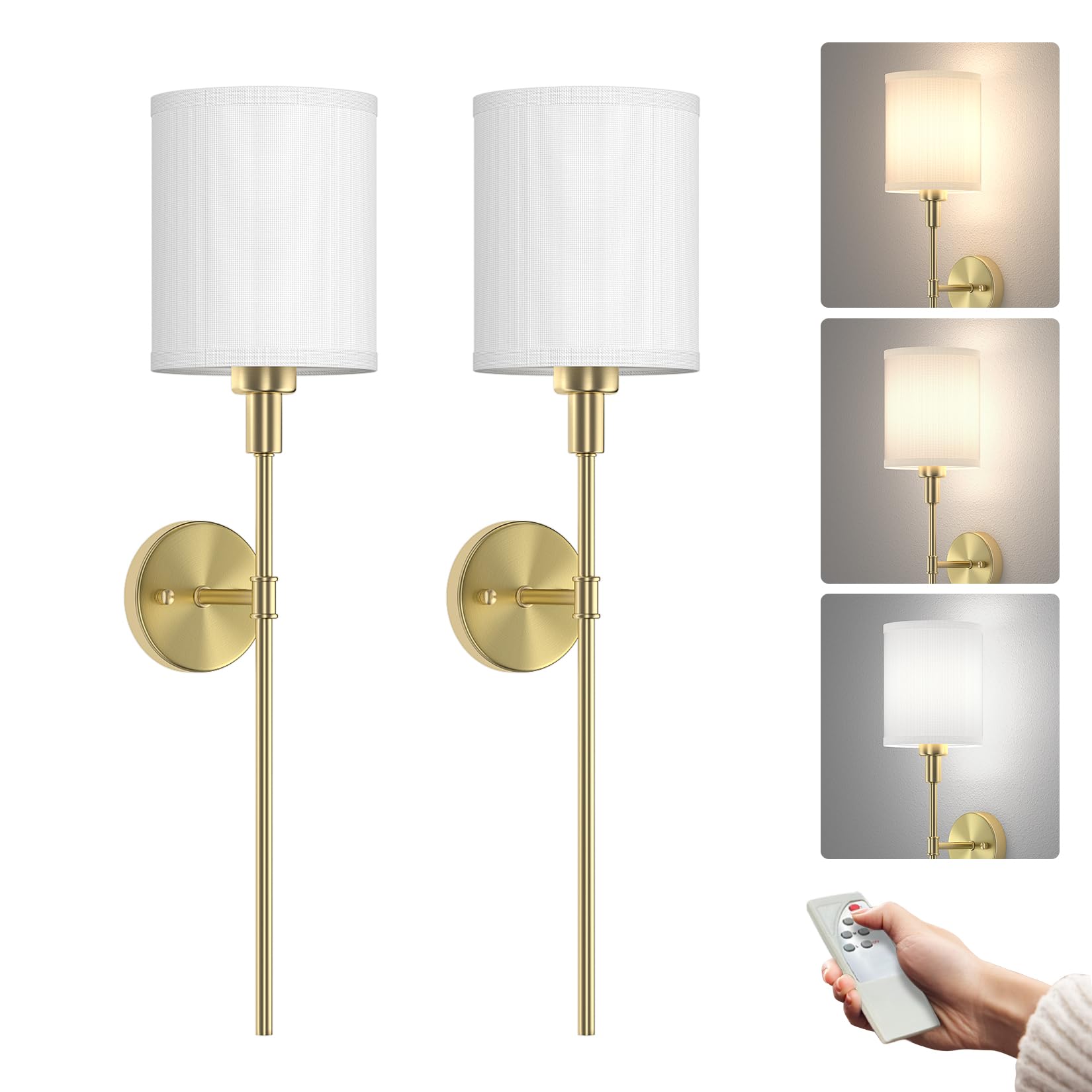 CoinmitBattery Operated Wall Sconce,Wireless Battery Operated Wall Lights with Remote Control Set of 2,Dimmable Wireless Gold Wall Lamp Indoor Kitchen Bedroom Living Room