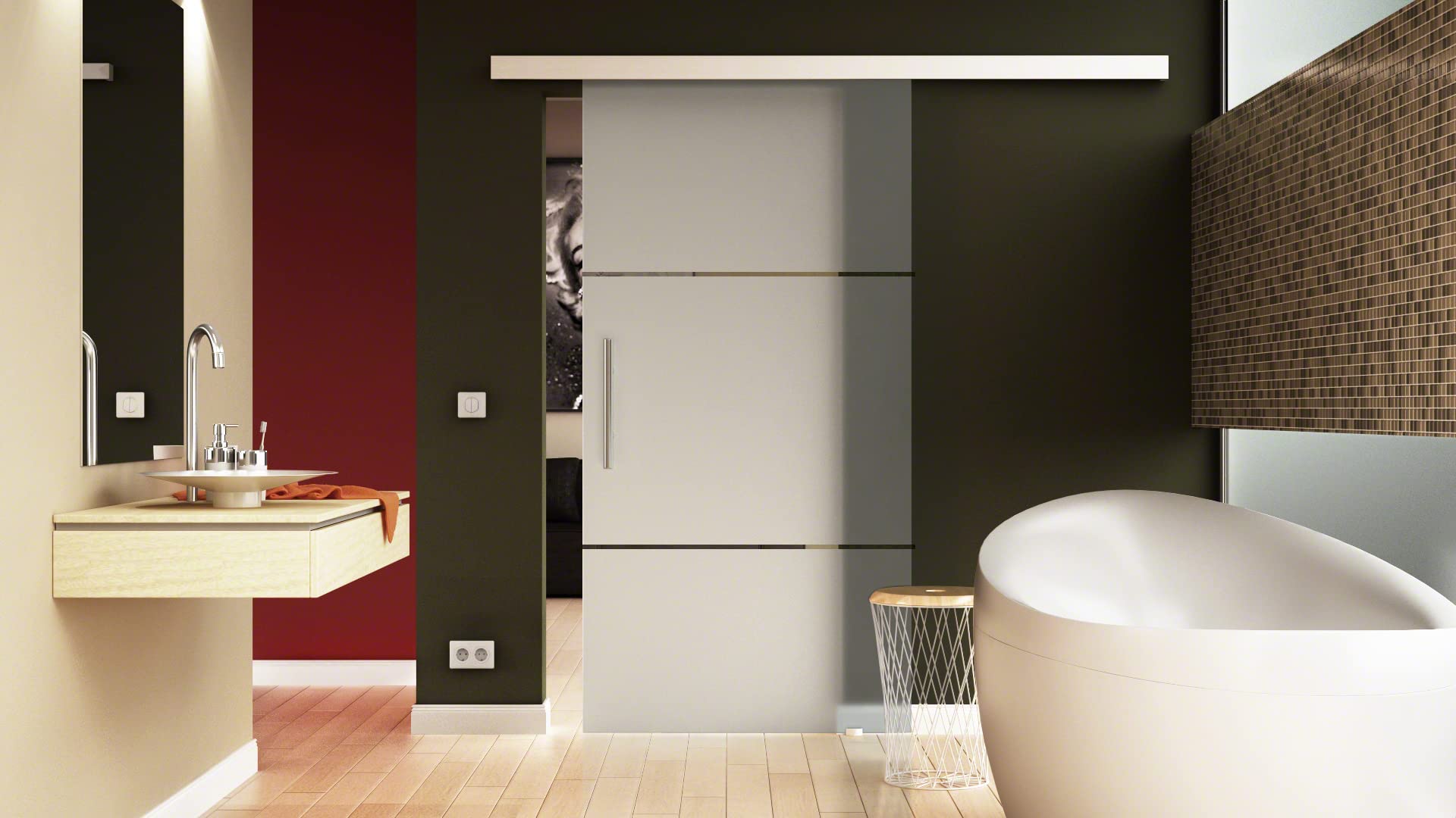 Glas-Schiebetür 1025x2050 mm 2-Streifen-Design Sadora® Slimline-System komplett Laufschiene in Edelstahloptik und Griffleiste beidseitig Schiebetür aus Glas für Innenbereich
