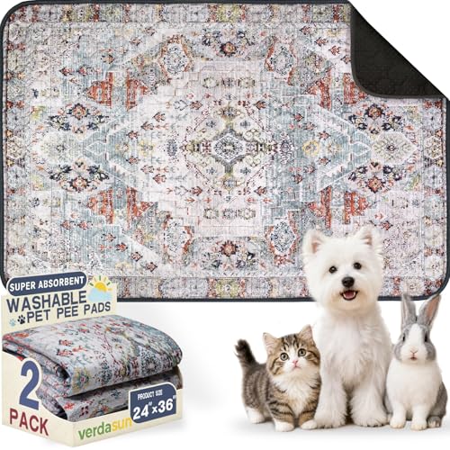Image of Washable Pee Pads for Dogs 24 inchx36 inch 2 Pack Reusable Puppy Potty Pad | Super Absorbent Waterproof NonSlip LeakProof Crate&Playpen Floor Mat for Cats, Rabbits, Guinea Pigs, Whelping & Housebreaking