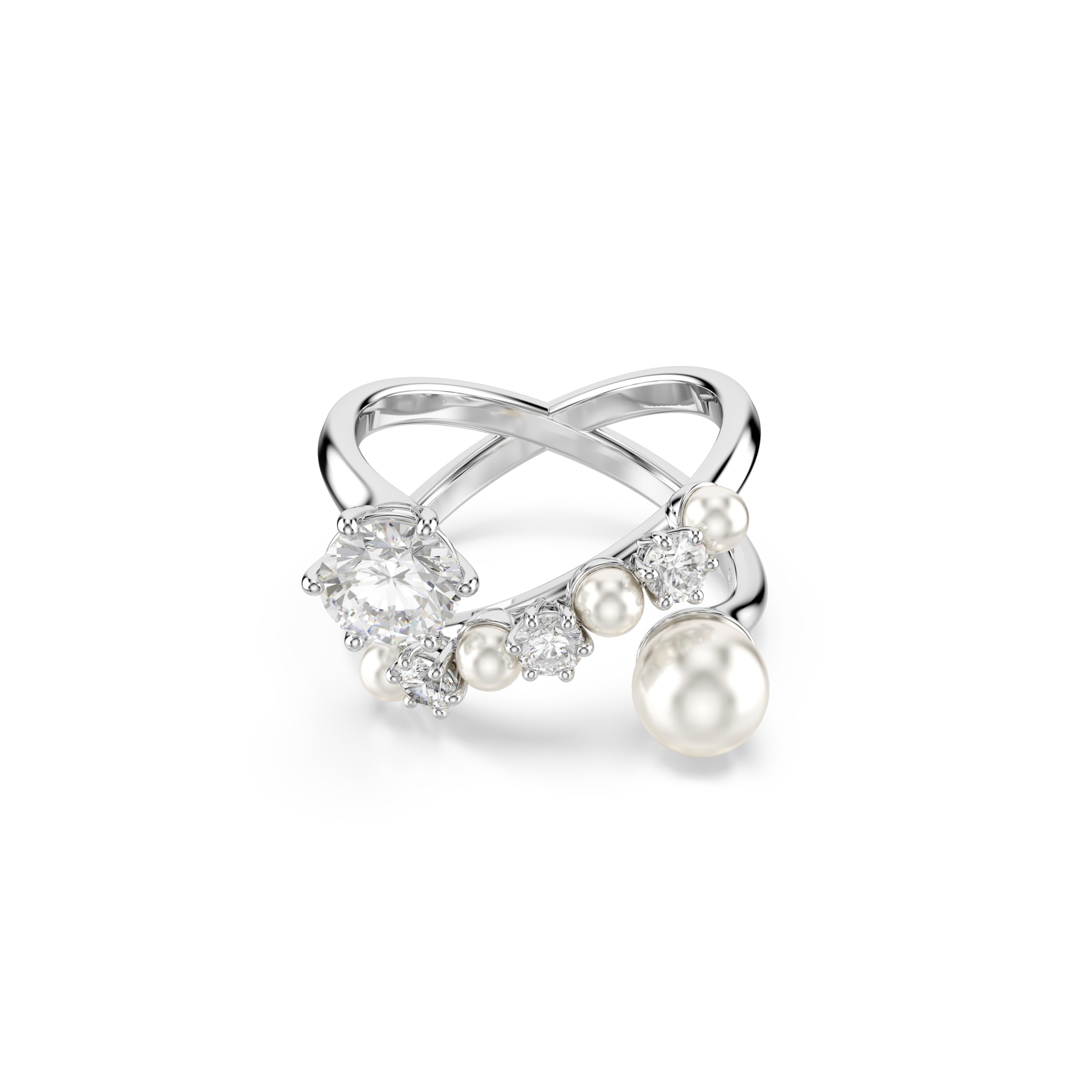 Swarovski Matrix Anello Cocktail, Gioiello Versatile con Zirconia e Crystal Pearl Bianchi, Pietre Scintillanti a Taglio Round, Design Aperto, Placcatura in Tonalità Rodio, Taglia 60