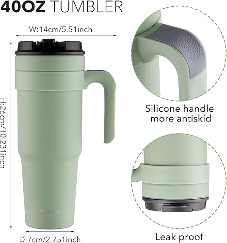 Miniatura 4 de Vaso de 40 onzas con asa, tapa abatible y popote, doble forma de beber, doble pared aislada al vacío, botella de agua a prueba de fugas para viajes