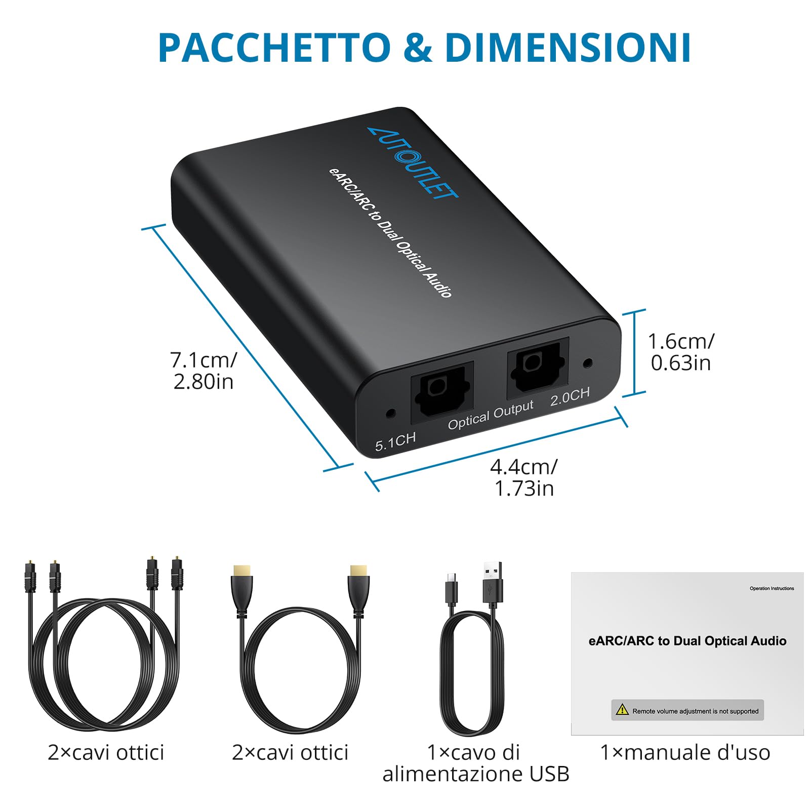 AUTOUTLET Convertitore Audio eARC/ARC a Doppia Ottica 1 Ingresso 2 Uscite,Supporta 192kHz/24bit Dolby DTS 5.1 PCM2.0,Estrattore Audio eARC, HDMI ARC to Optical Adattatore per Soundbar e Home Theater