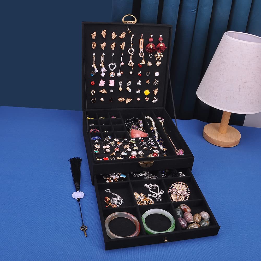 Schmuckkästen für Damen 3 Schichten großer Schmuck-Organizer Aufbewahrungsbox für Ohrringe Halsketten Ringe Armbänder Schmuckhalter abschließbar Schmuckkästchen (Schwarz)