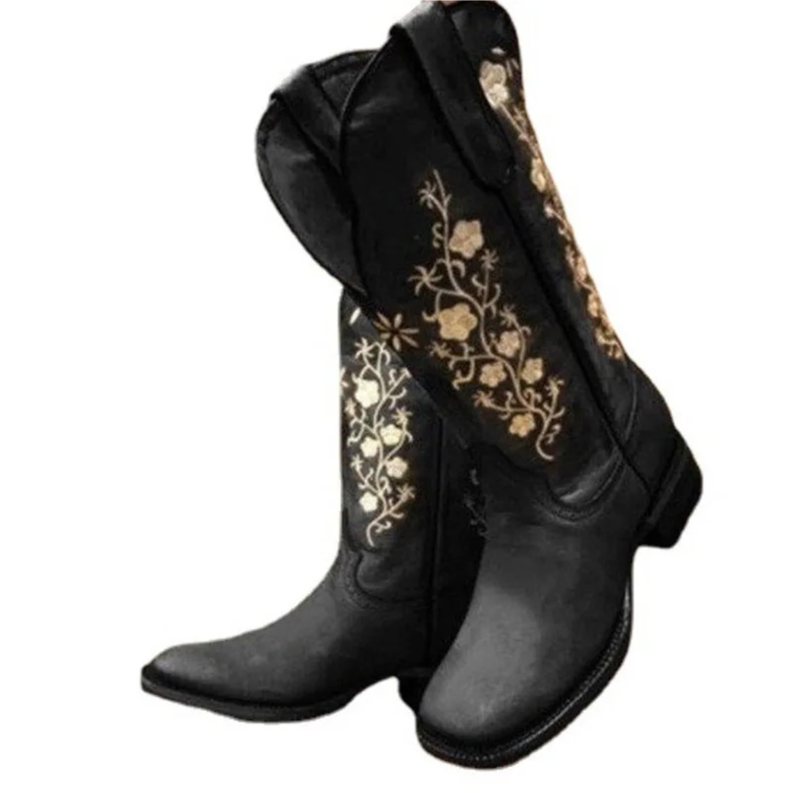 Stivali da Donna con Punta Tonda, Design retrò con Ricamo, Antiscivolo, Stivali da Donna a metà Gamba per Festa a Tema Concerto Country(Khaki,36)