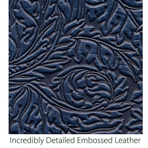 Oberon Design Acanthus Leaf Embossed Genuine Leather Checkbook Cover, 3.5x6.5 Inches, Navy Blue, Made in the USA
