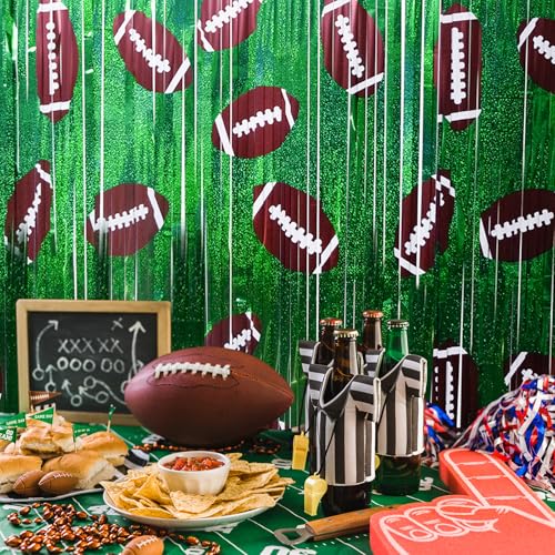 Image of Football Party Decorations Photo Booth Prop, 2 Pcs 3.3x6.6 ft Foil Fringe Curtain Backdrop for Sports Party, Football Themed Decoration