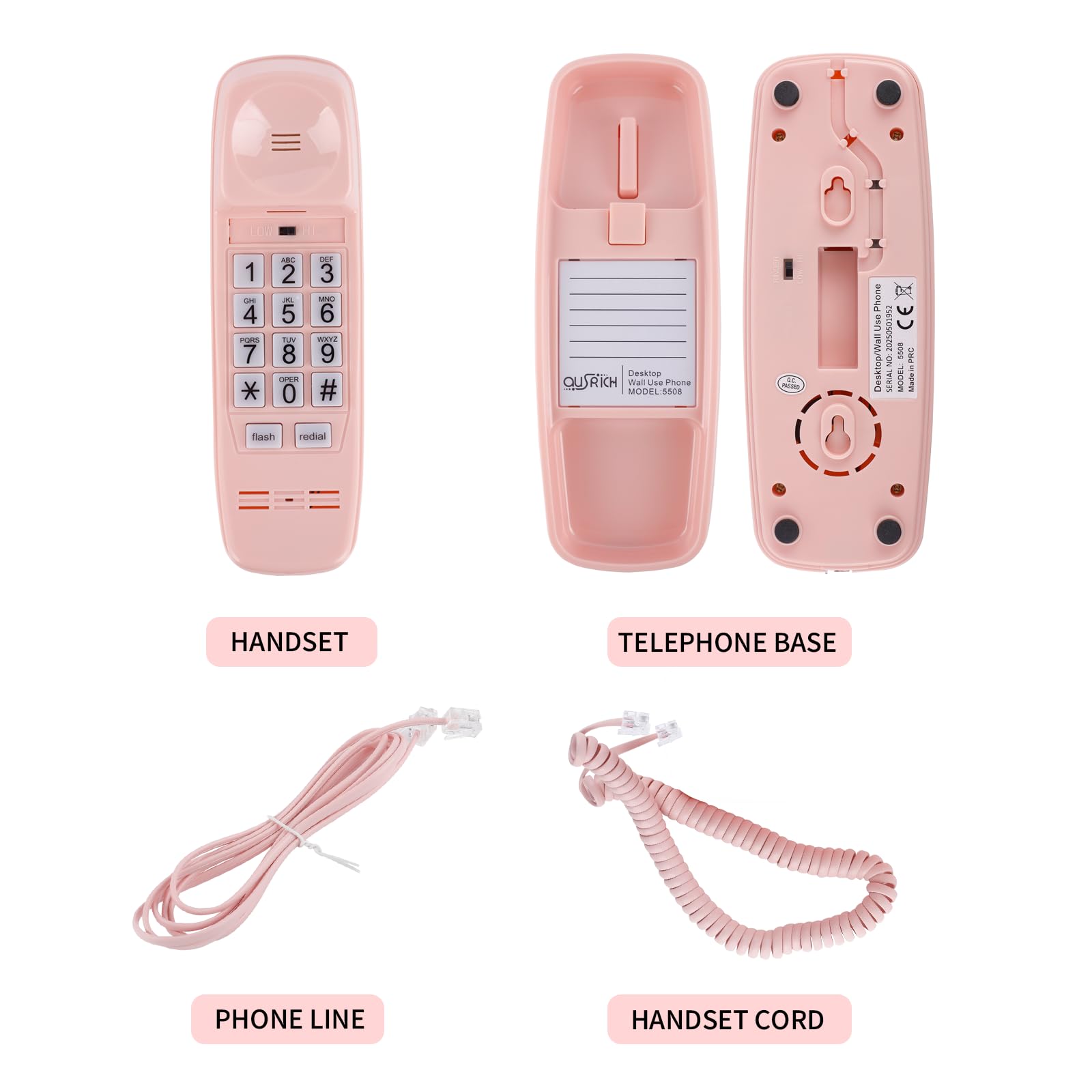 Różowy telefon stacjonarny zainspirowany telefonem księżniczki w stylu lat 90. z głośnym dzwonkiem 110DB+, retro telefon ścienny nie wymaga zasilania, różowy telefon przewodowy dla dzieci/seniorów