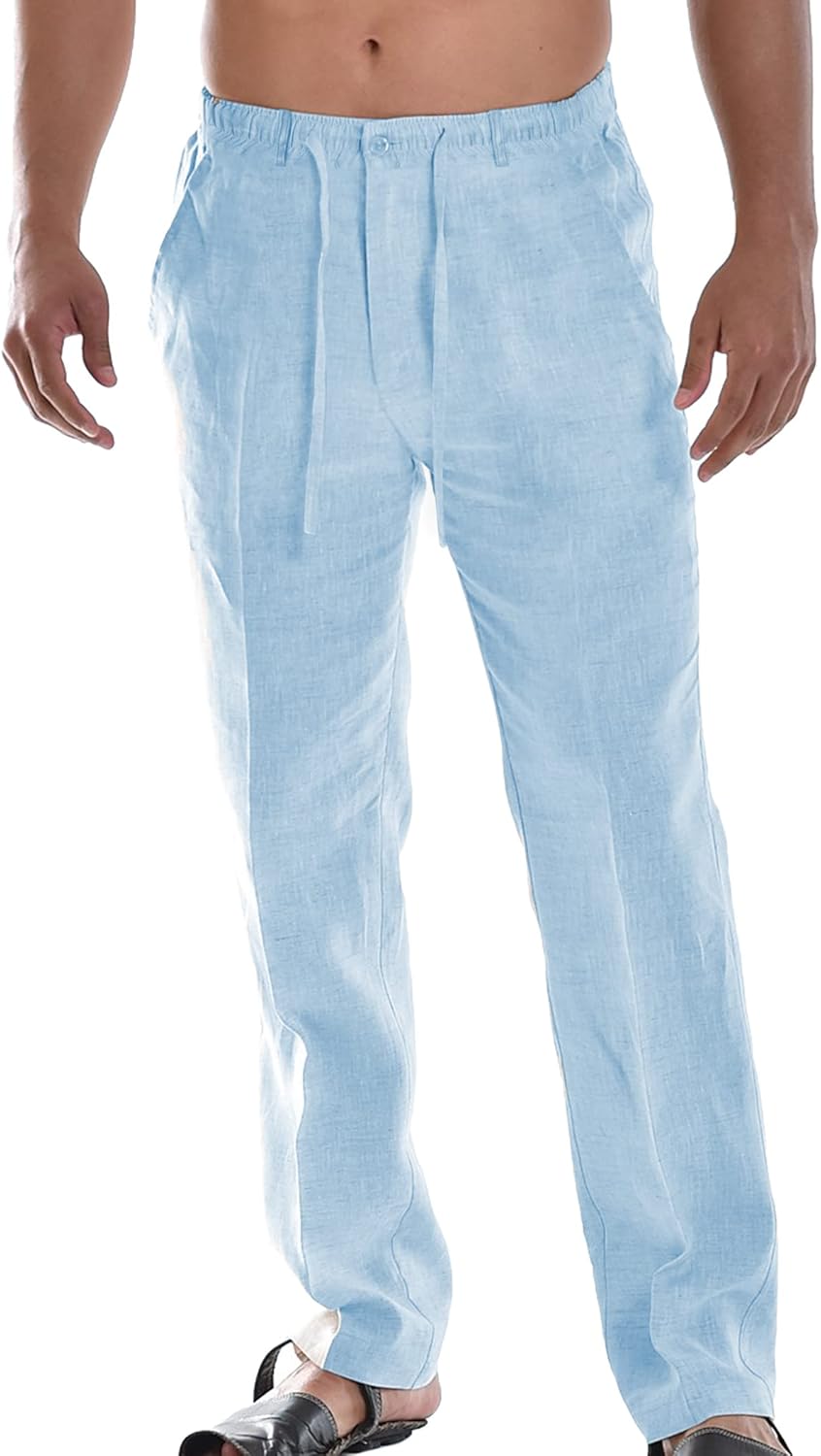 COOFANDY Men's Linen Pants Casual Elastic Waist Drawstring Beach Trousers 3X-Large Sky Blue