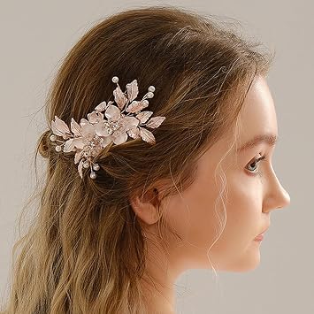 Missgrace Bride Flower Leaf Wedding Hair Side Comb Silver Rose Gold Pearl Hair Comb Rhinestone Crystal Headpiece Leaf Bridal Hair Accessories for Women Rose Gold