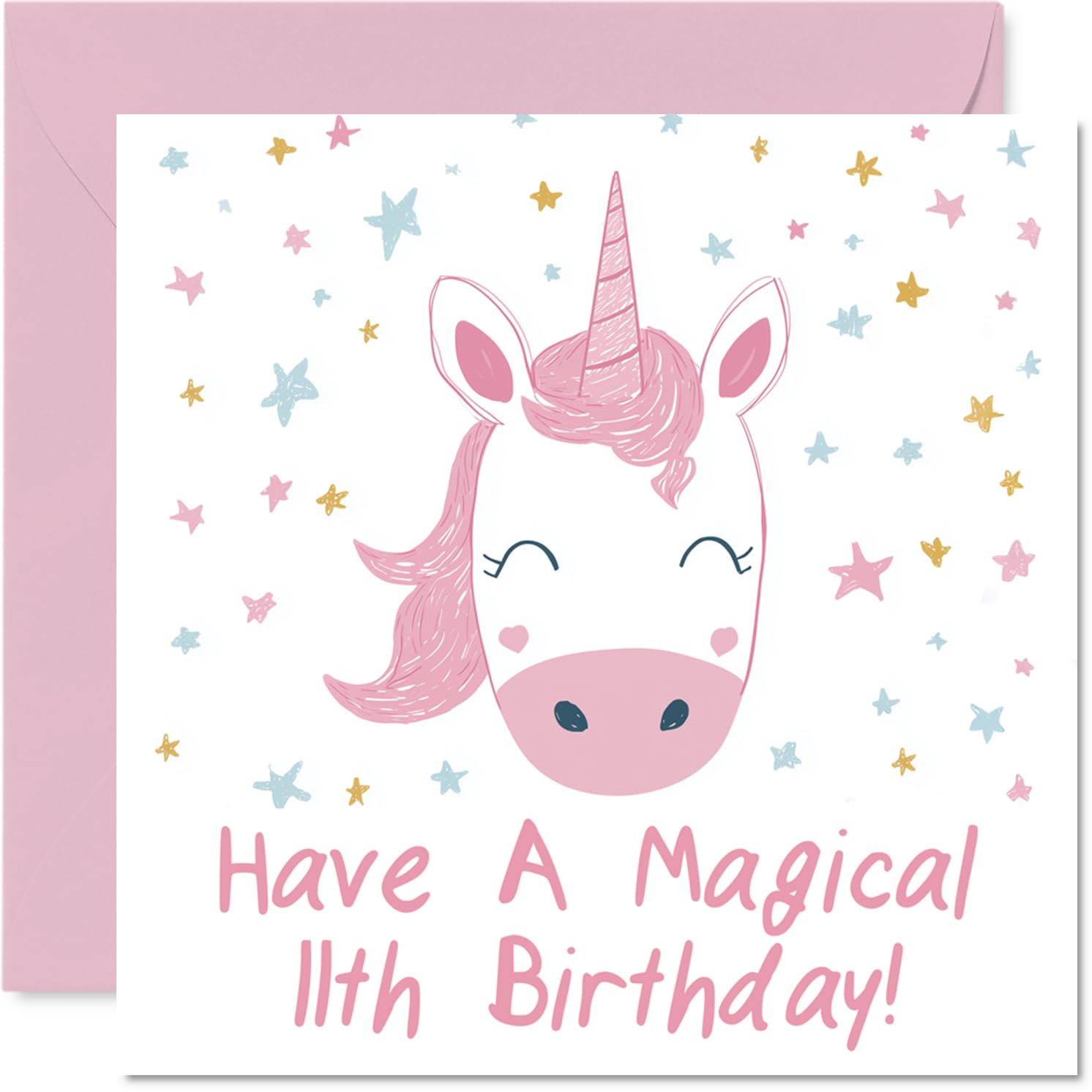 Playful 11th Birthday Card - Sprinkle Some Magic on Their Big Day - Cheerful Unicorn & Colourful Stars in Pinks and Gold - 145mm Square, Envelope Included