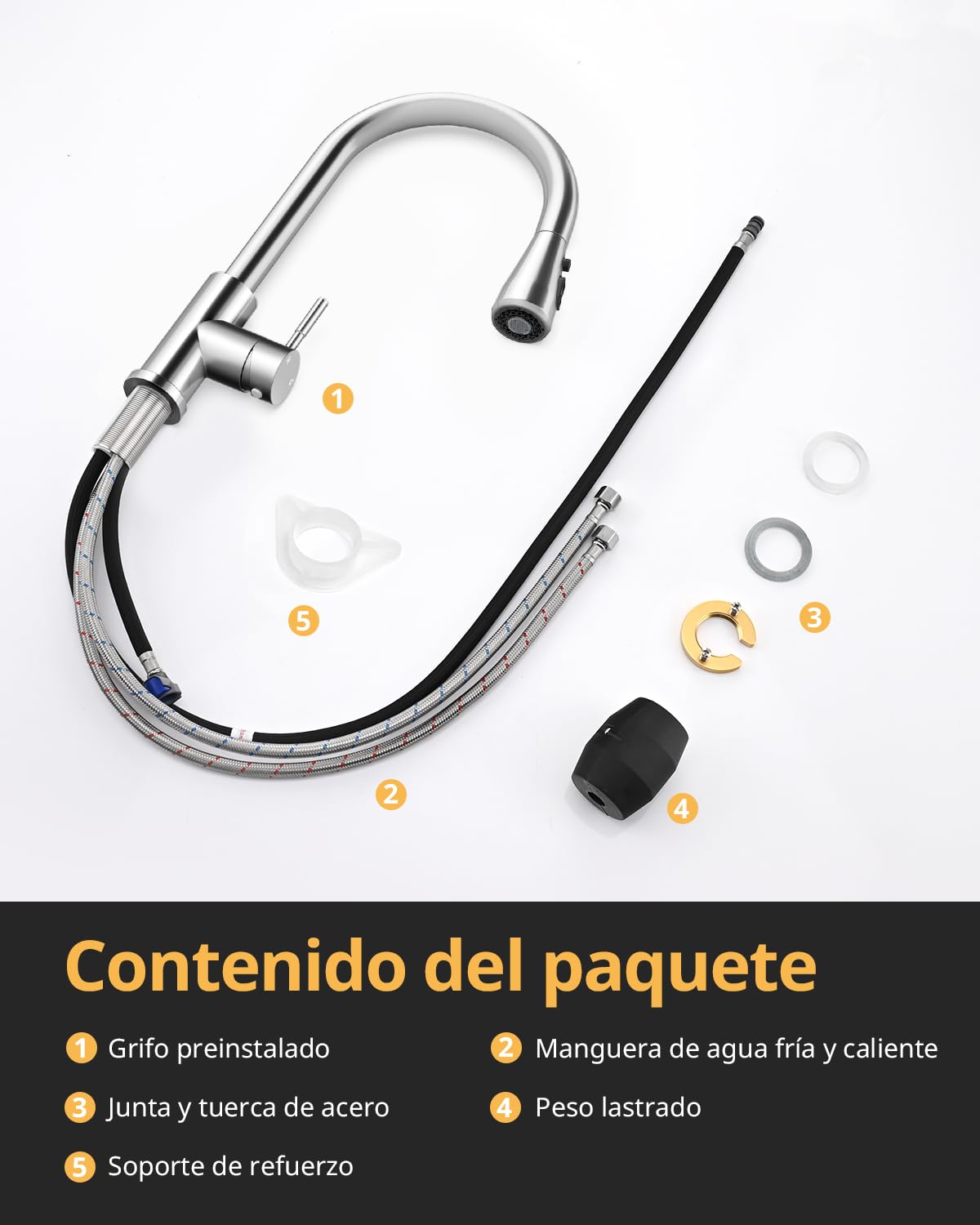 Hiqufet Grifo de Cocina Monomando: Diseño de Arco Alto, Brazo Extraíble con 3 Modos y Giro 360°, Cromo Pulido