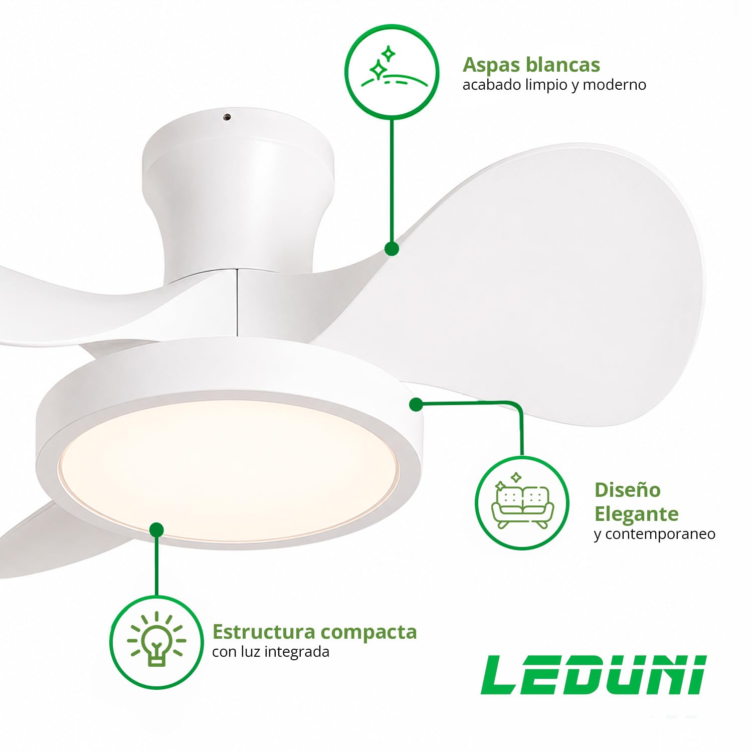 LEDUNI Ventilador de techo con luz LED 20W, motor DC 35W silencioso,ahorro energia y gran volumen de air, mando a distancia para cocina, dormitorio, comedor, patio Modos (Invierno/Verano) (Blanco) | gran volumen de air, silencioso mando a distancia para c