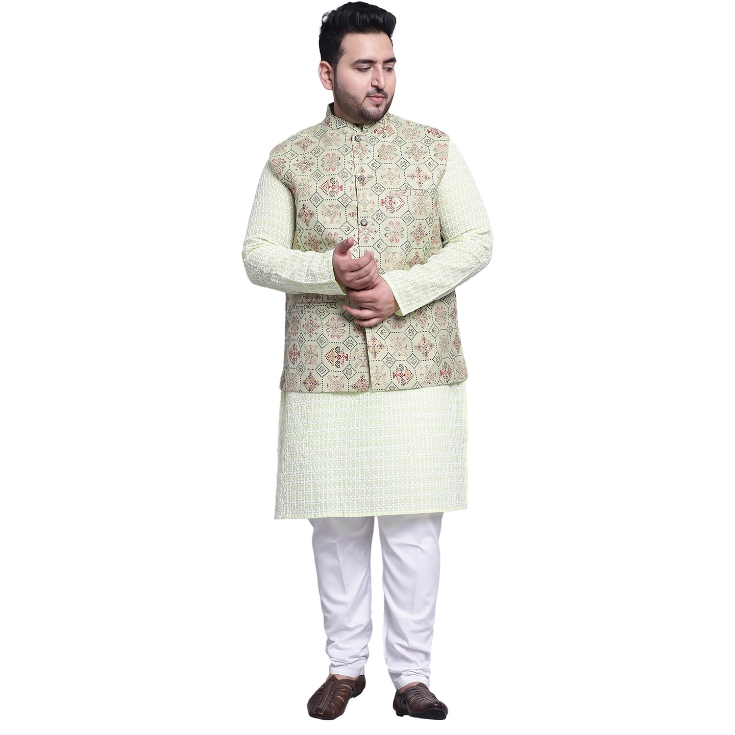 Sojanya (Since 1958 Men's Pure Cotton Green Kurta And White Pyjama With Pista Green Cotton Nehrujacket