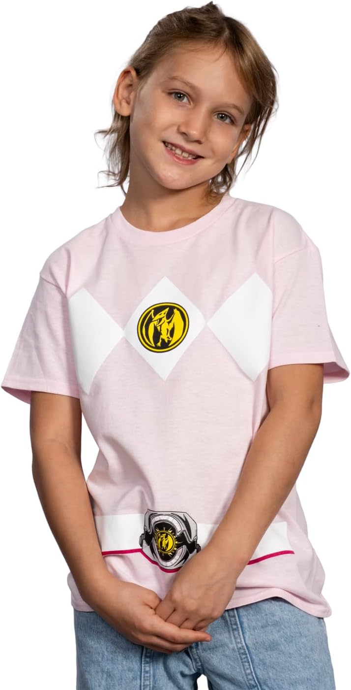Power Rangers Mighty Morphin Red Blue Yellow Pink Green Black Blue Youth Armor Costume T-Shirt
