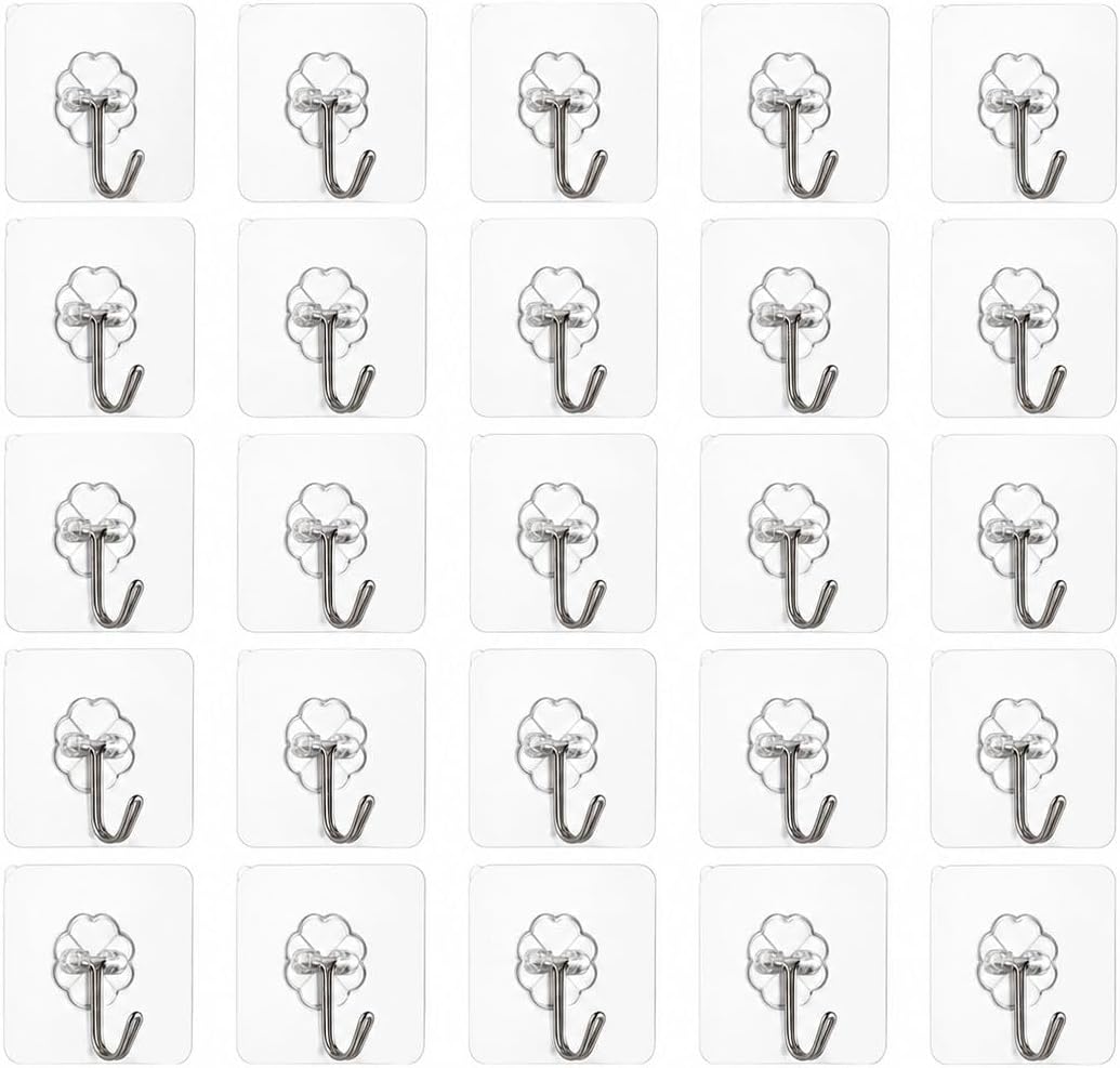 Transparent Adhesive Wall Hooks 25 Pack, Heavy Duty Sticky Hooks for Bathroom, Kitchen, Shower and Home Organization