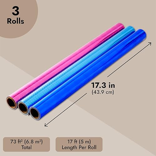 Miniatura 4 de Juvale 3 rollos de papel holográfico metálico para envolver regalos, 17.3 x 204 pulgadas, corazones iridiscentes brillantes, patrones de círculos y